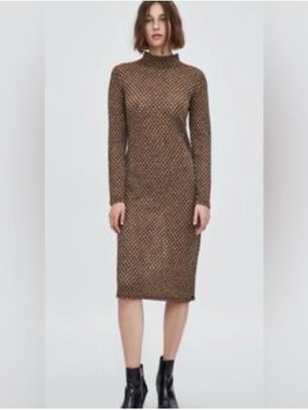 Zara Trafaluc Metallic Mock Neck Midi Dress Small Brown Shimmer Geometric Small